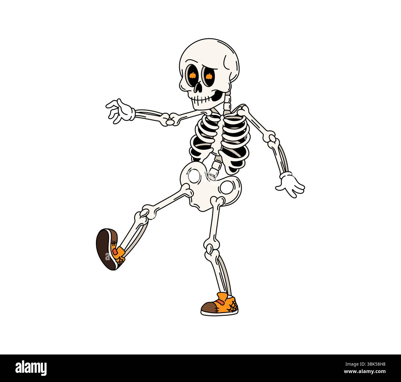 Cartoon groovy skeleton Halloween character with glowing orange eyes, striking a playful pose while wearing stylish sneakers. Isolated vector fun and playful personage with a vintage spooky y2k vibe Stock Vector