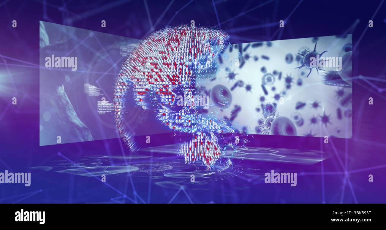 Floating binary globe in studio showing holographic platform, network mesh, cell and virus visuals Stock Photo