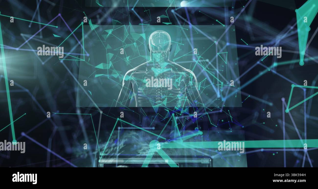 Displaying holographic skeleton scan rotating in virtual lab interface, showing data nodes Stock Photo