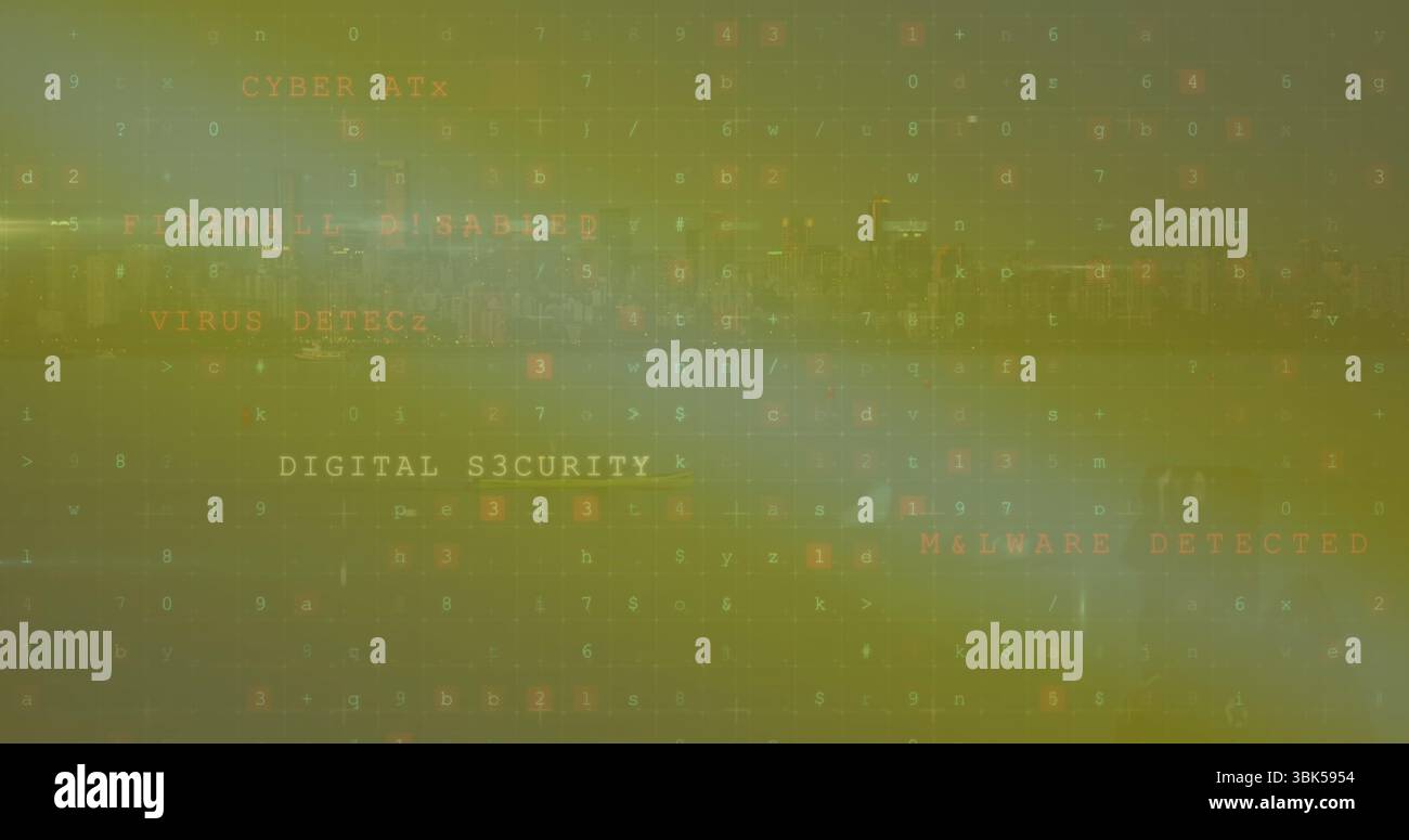 Displaying glitch-style green DIGITAL SECURITY text on grid at network hub, showing code and labels Stock Photo