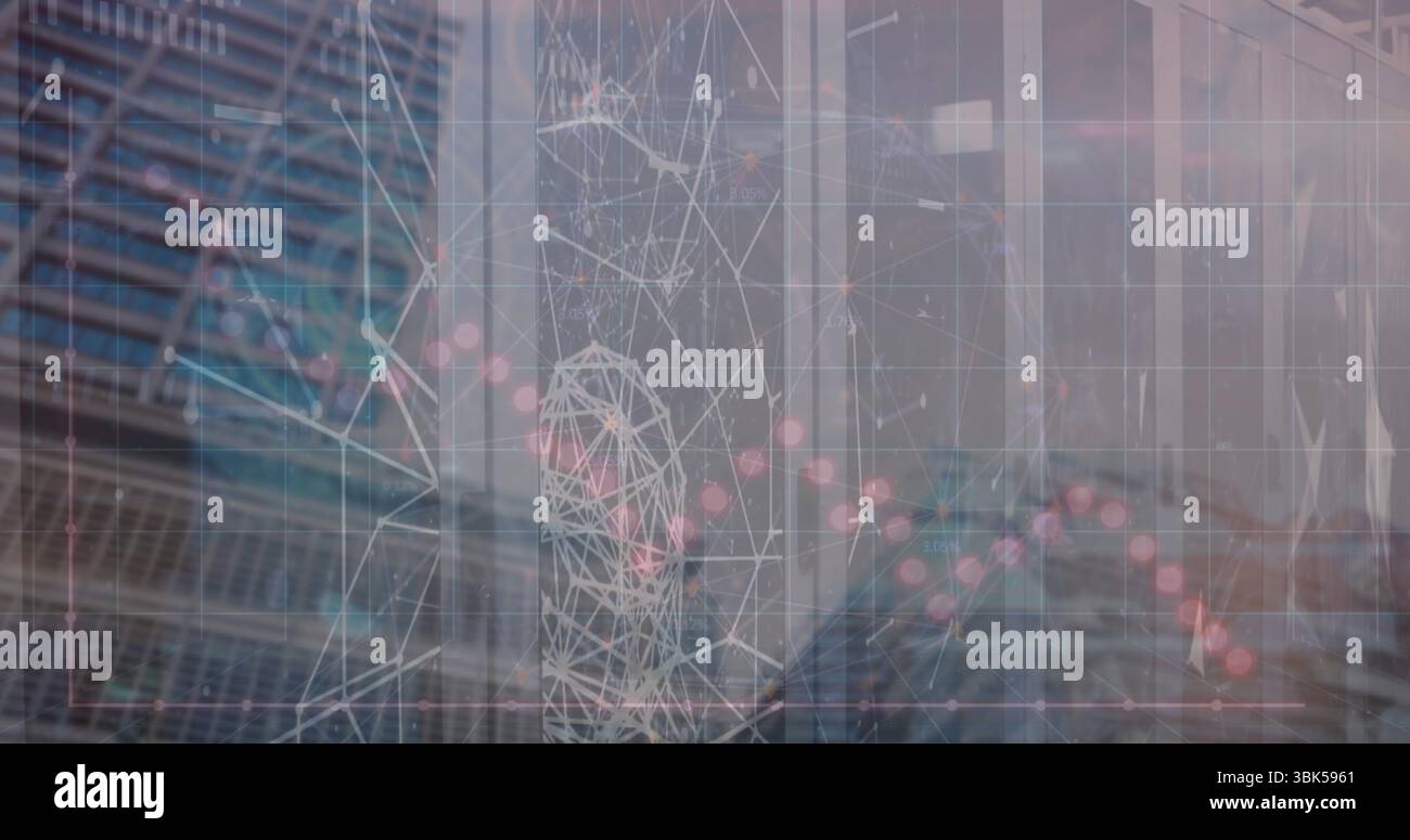 Displaying wireframe head hovering over office windows, with chart lines and glowing nodes Stock Photo