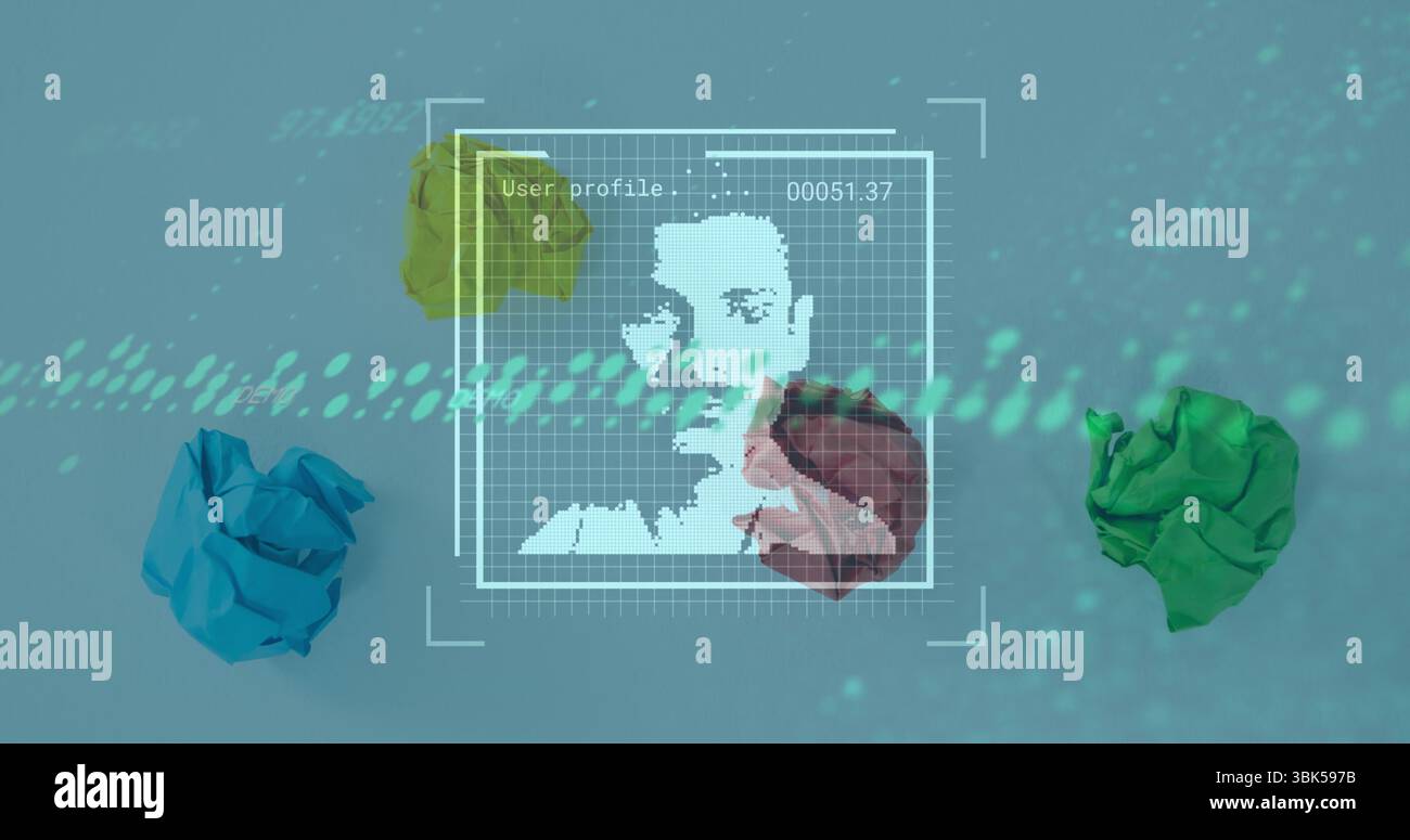 Displaying grid overlay showing silhouette and ID on turquoise backdrop with data dots, paper balls Stock Photo