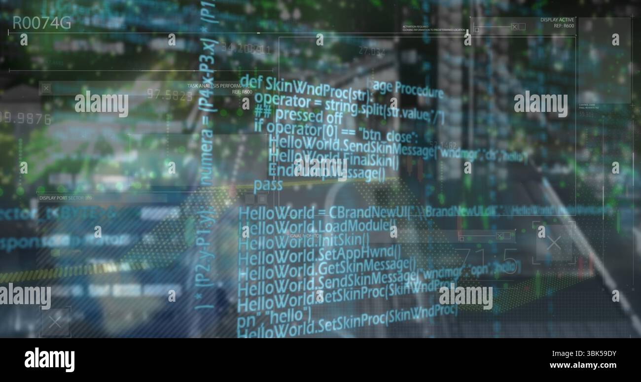 Displaying translucent interface showing code over night street, with blurred lights and vehicles Stock Photo