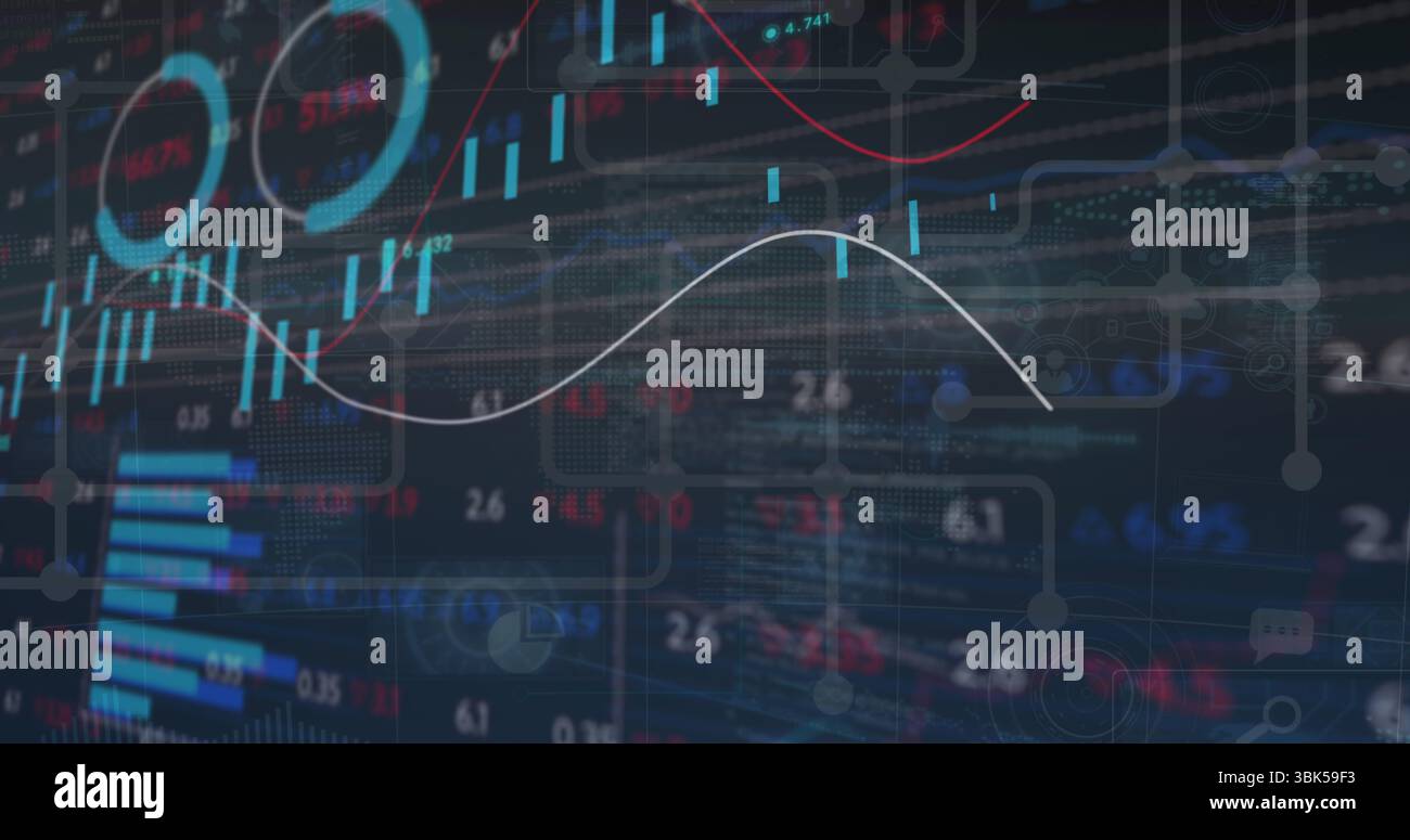 Displaying analytics interface in dark-themed dashboard, with trend curves and candlestick bars Stock Photo