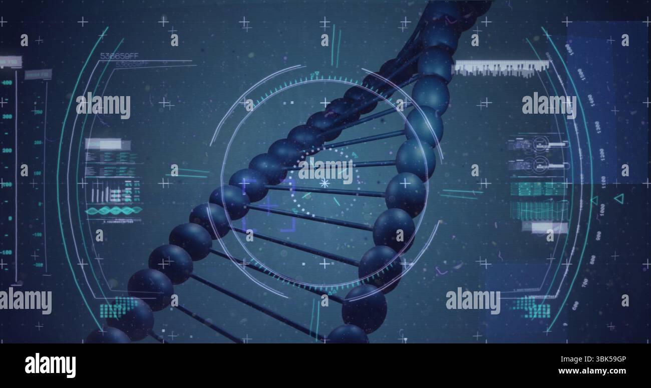 Displaying 3D DNA double helix rotating on lab simulation screen, with HUD interface elements Stock Photo
