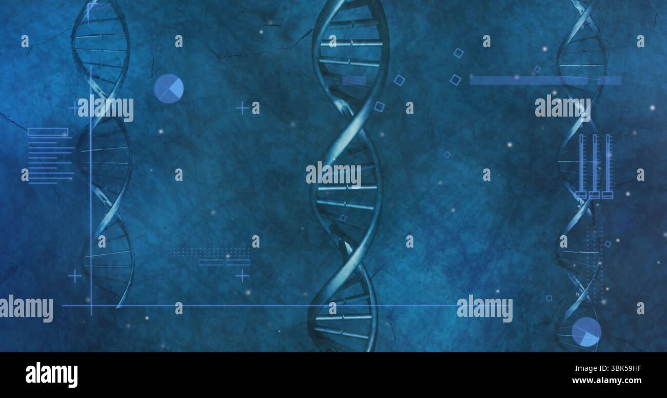 Displaying stylized DNA helix floating in lab visualization, with data icons lines chart bars Stock Photo