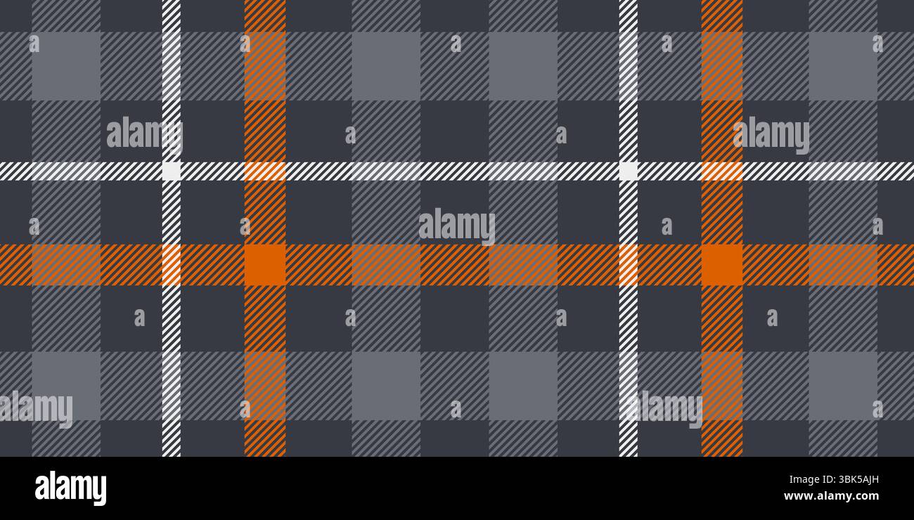 A contemporary tartan plaid pattern featuring grey and orange tones accented with white stripes in a geometric crisscrossed design, creating a bold an Stock Vector