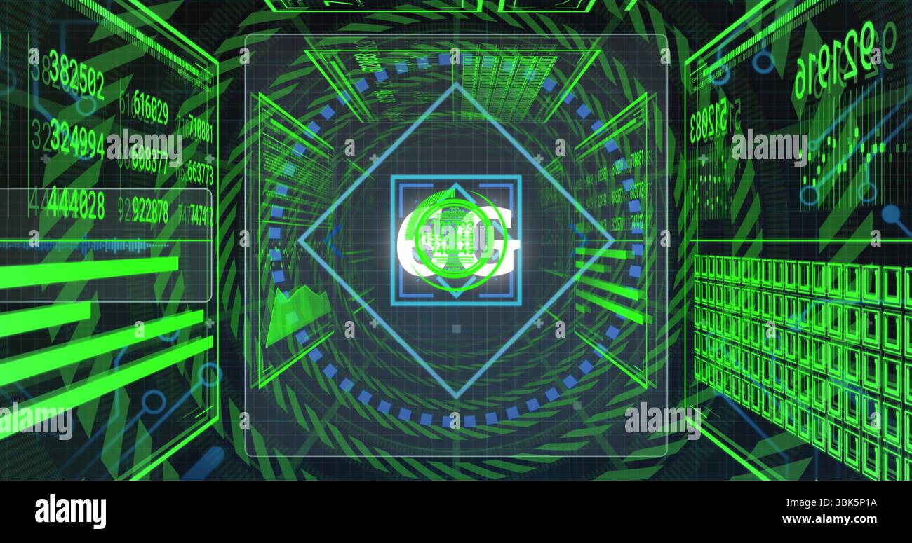 Rotating loading indicator framing diamond interface in command console, streaming numeric panels Stock Photo