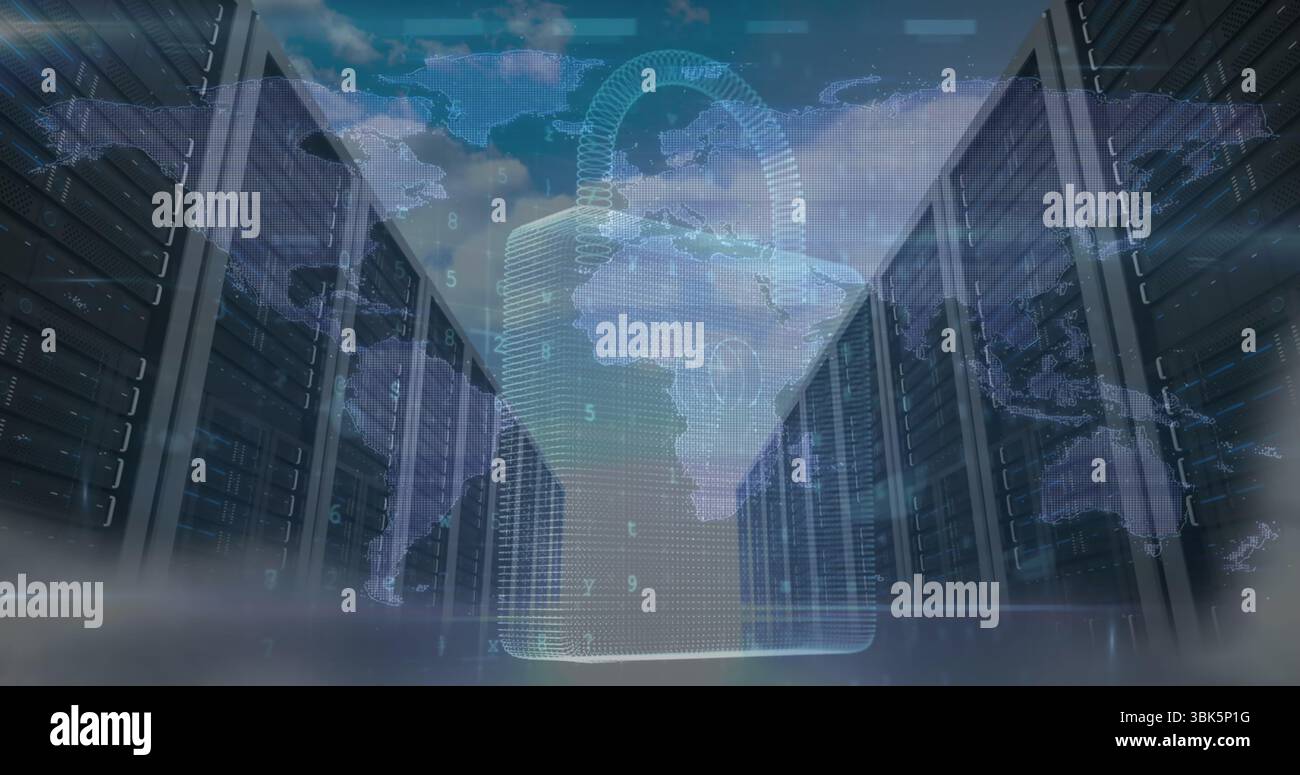 Floating digital padlock hologram glowing in data center corridor, with server racks and code Stock Photo