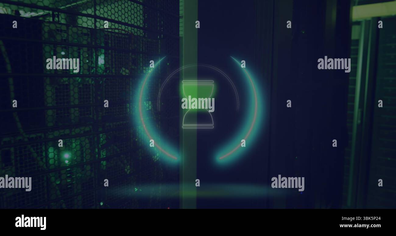 Showing holographic hourglass casting neon arcs in data center with ...
