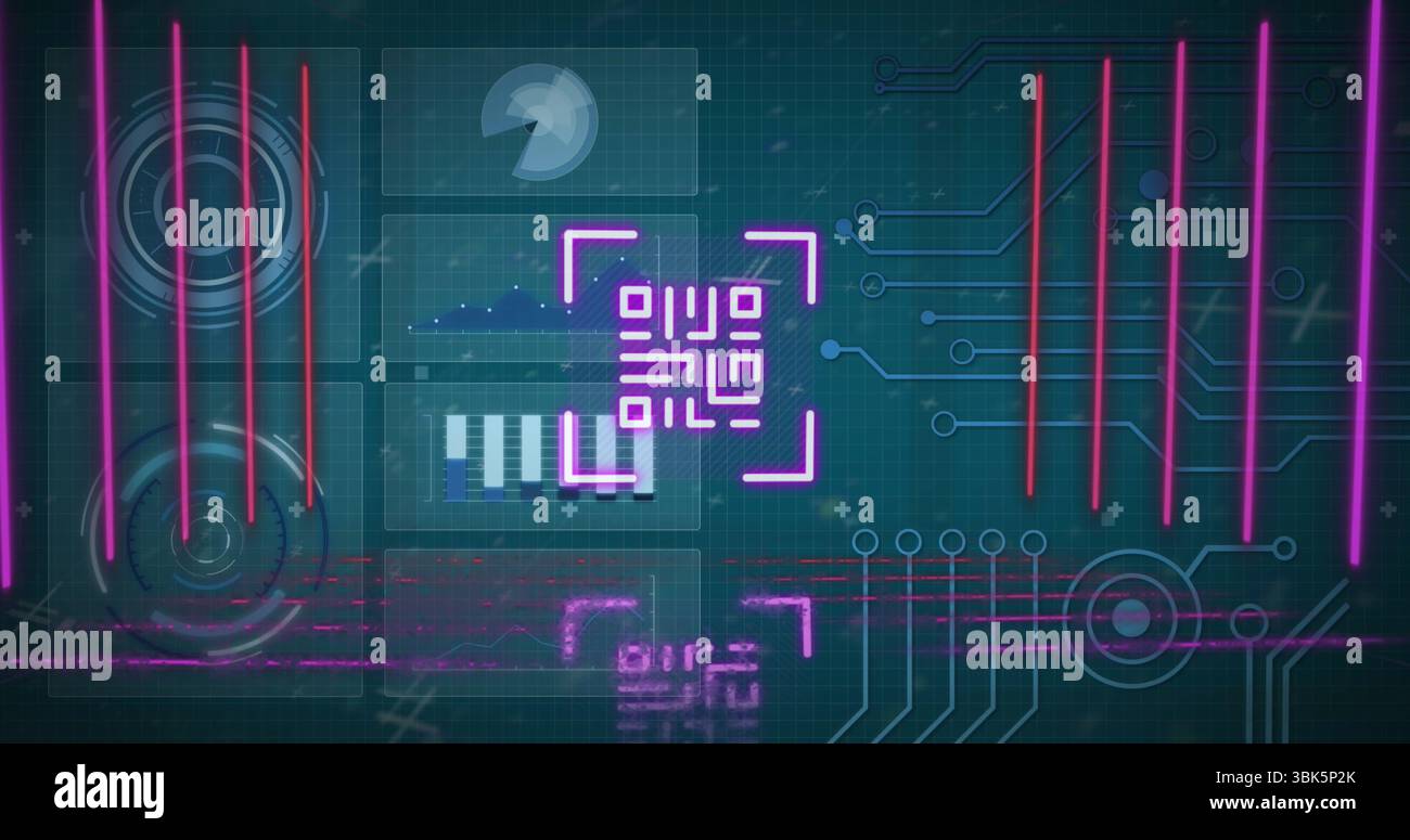 Scanning neon magenta frame highlighting QR-code-like symbol at high-tech panel, with HUD graphics Stock Photo