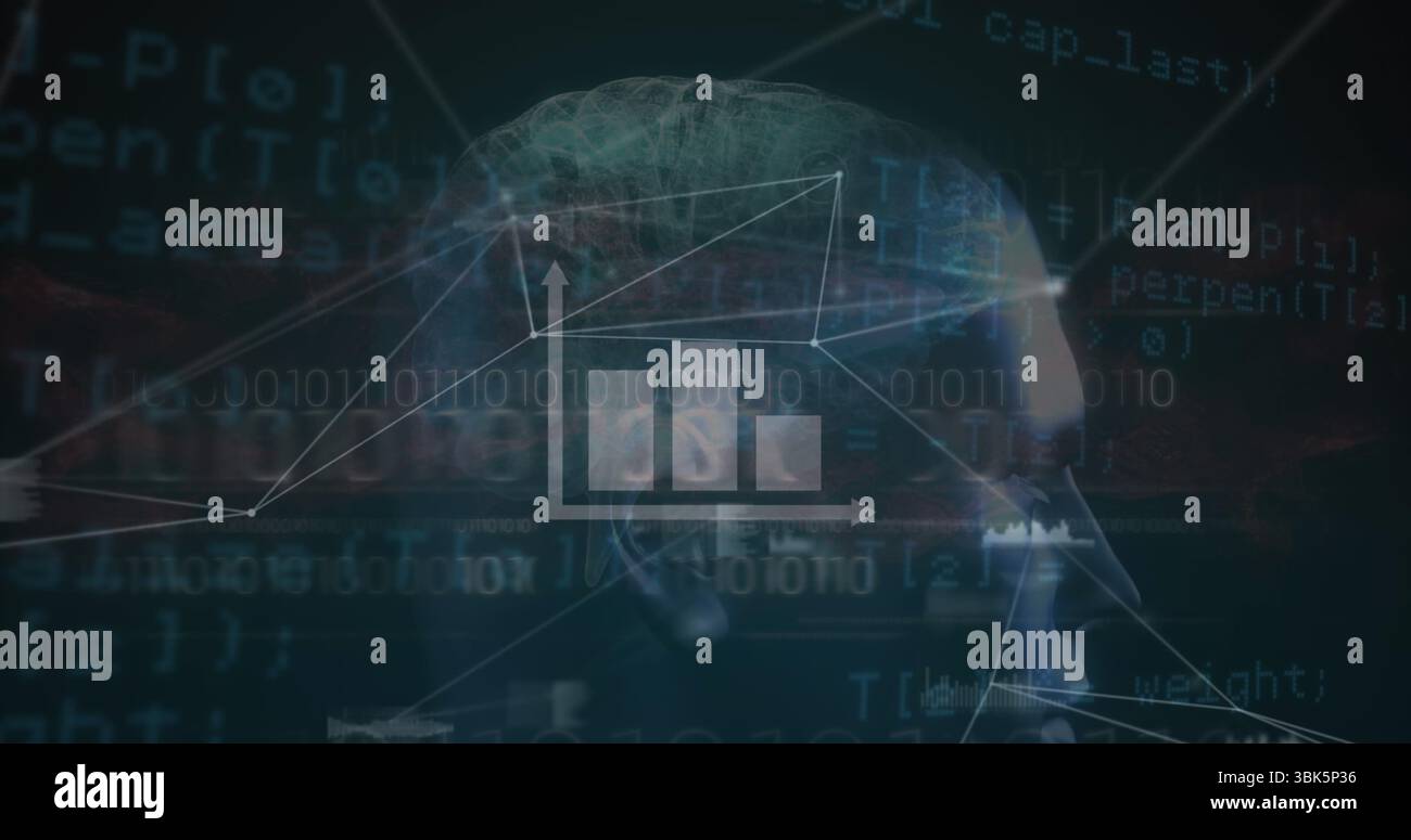 Displaying head profile pulsating in data environment, with neural network and binary code streams Stock Photo