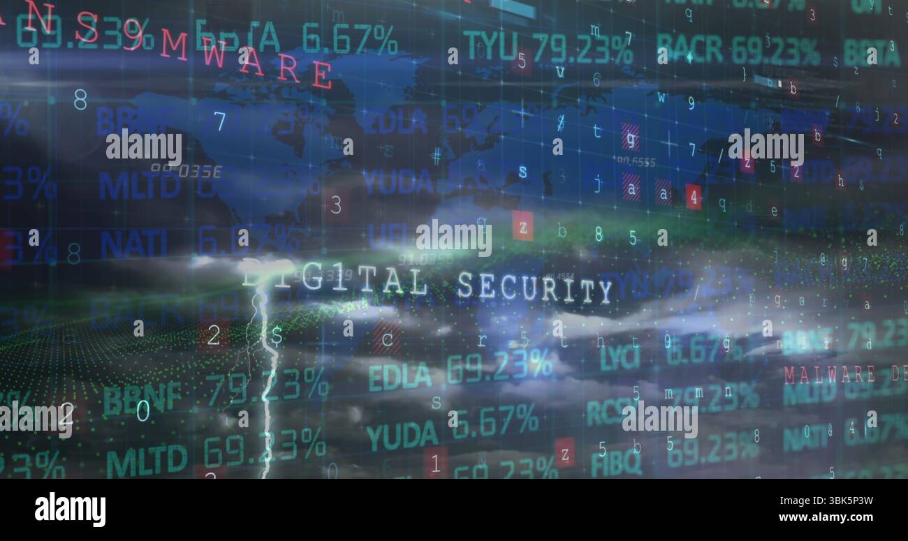 Streaming DIGITAL SECURITY text on stormy cyberspace interface, with world map and lightning Stock Photo