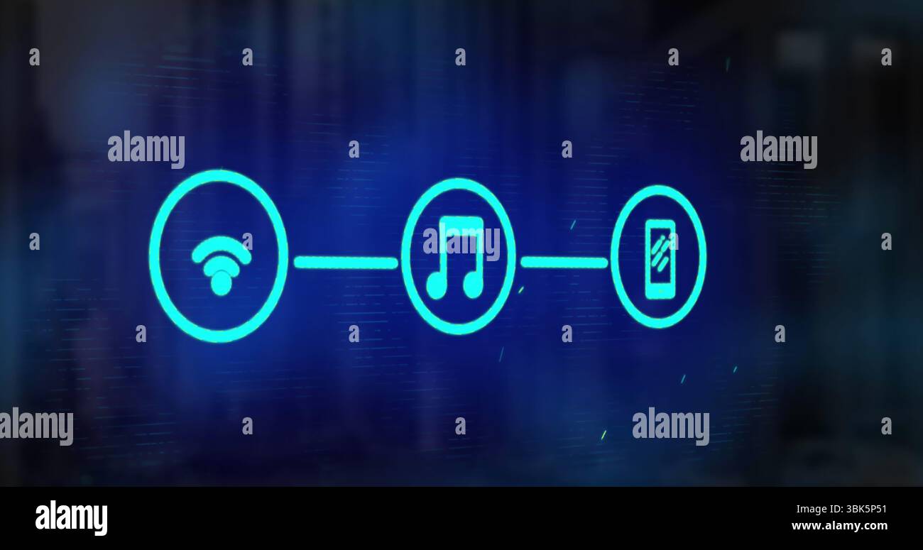 Displaying neon blue schematic spanning digital interface, featuring wifi, music, smartphone icons Stock Photo