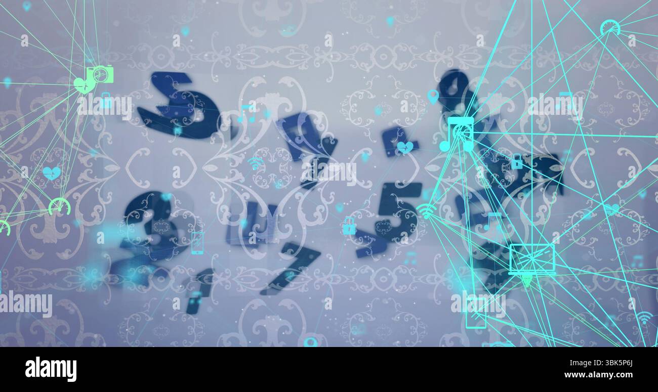 Displaying numeric array hovering across virtual space, with neon cyan nodes and icon symbols Stock Photo