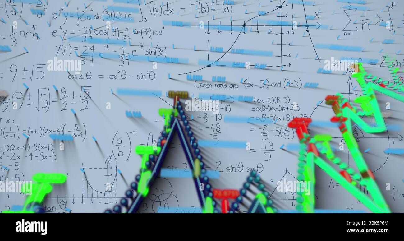 Displaying colored 3D network with handwritten equations on white backdrop with floating blue bars Stock Photo