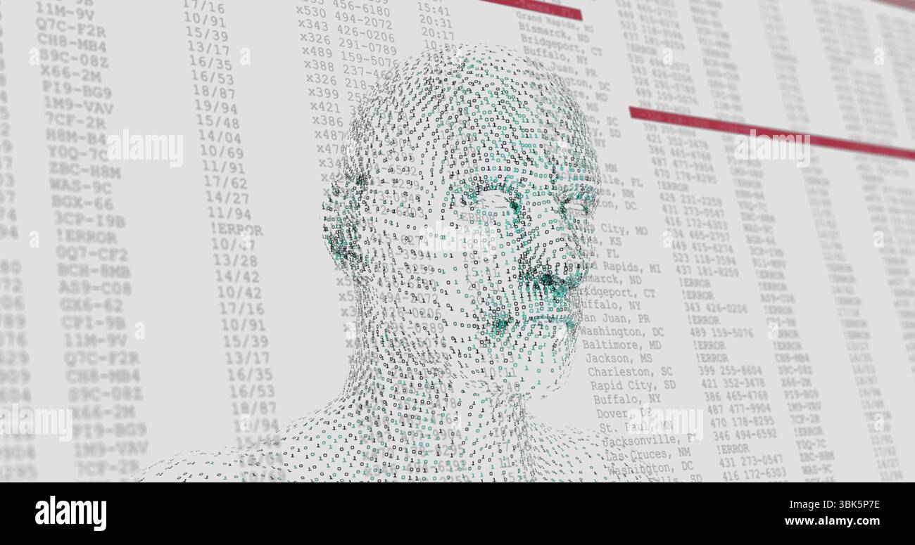 Forming human head silhouette from green binary digits in dashboard, with data columns and red bars Stock Photo