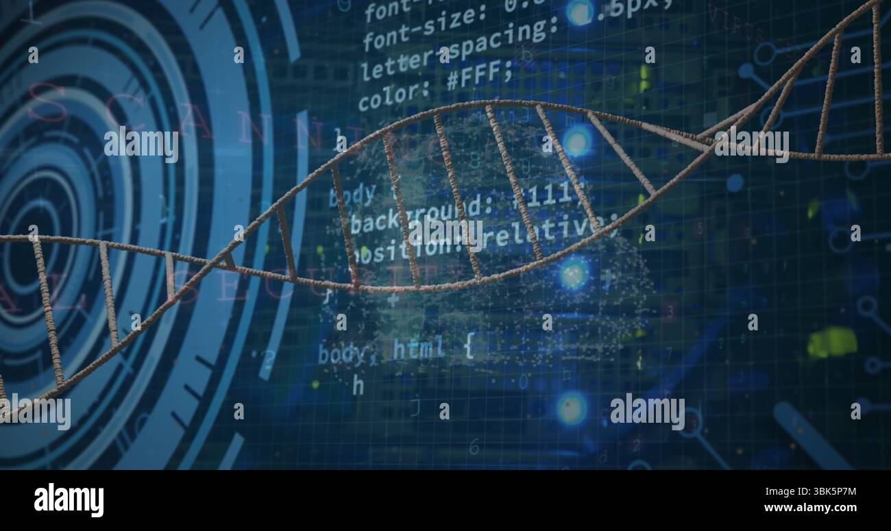Displaying 3D DNA helix stretching across digital grid, with CSS code overlay and glowing nodes Stock Photo