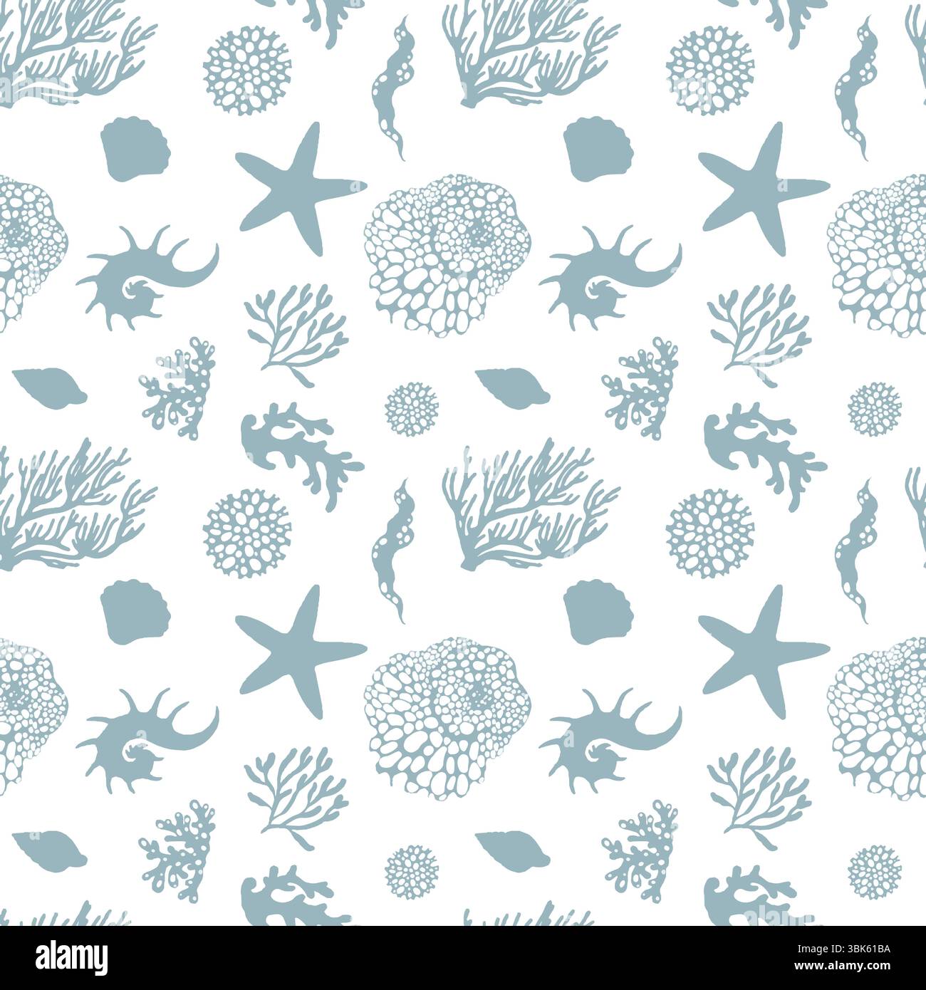 Seamless Pattern of Shells and Corals on White Background Stock Vector