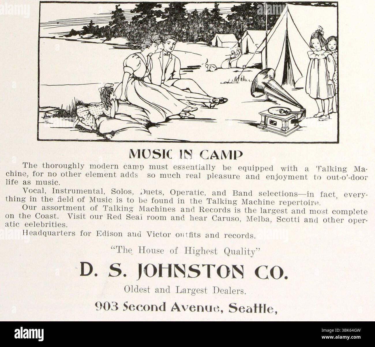 1907 Phonographs for Outdoors Use, D.S. Johnston Company, Seattle WA Ad Stock Photo