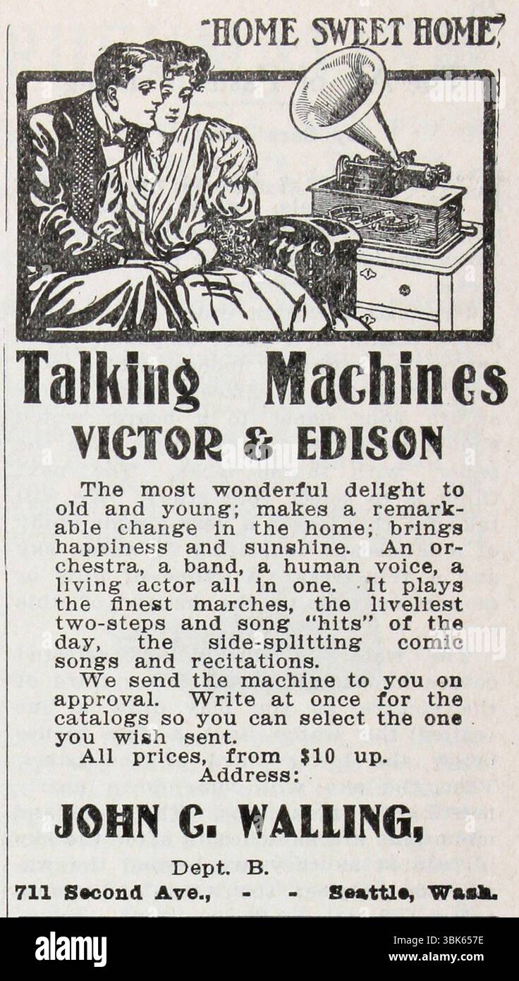 1907 Victor and Edison Phonographs print ad, ''Home Sweet Home.' Talking Machines.' Stock Photo