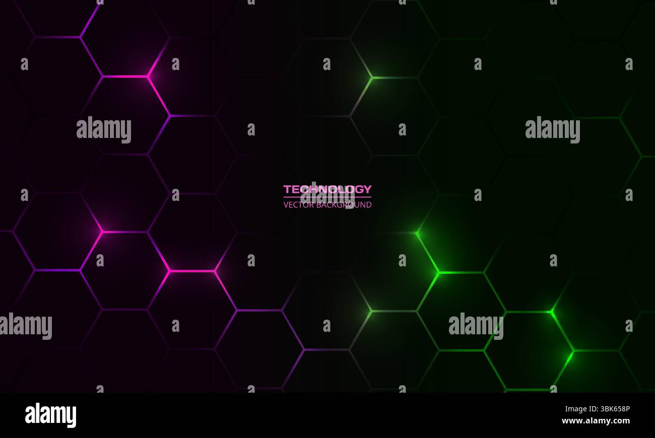 Dark hexagon abstract technology background with pink and green colored ...