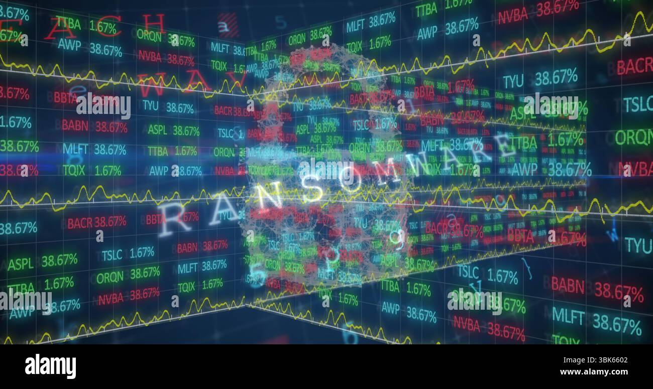 Displaying dark interface showing tickers with % values, yellow graph and map, glowing RANSOM text Stock Photo