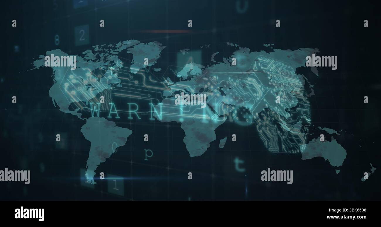 Displaying stylized world map over virtual network backdrop, with glowing circuit paths and digits Stock Photo