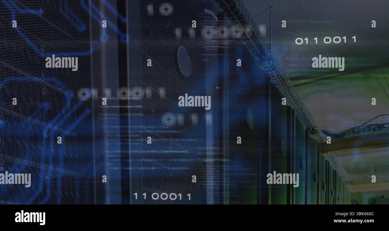 Displaying server rack columns streaming binary code and cables in data center, copy space Stock Photo