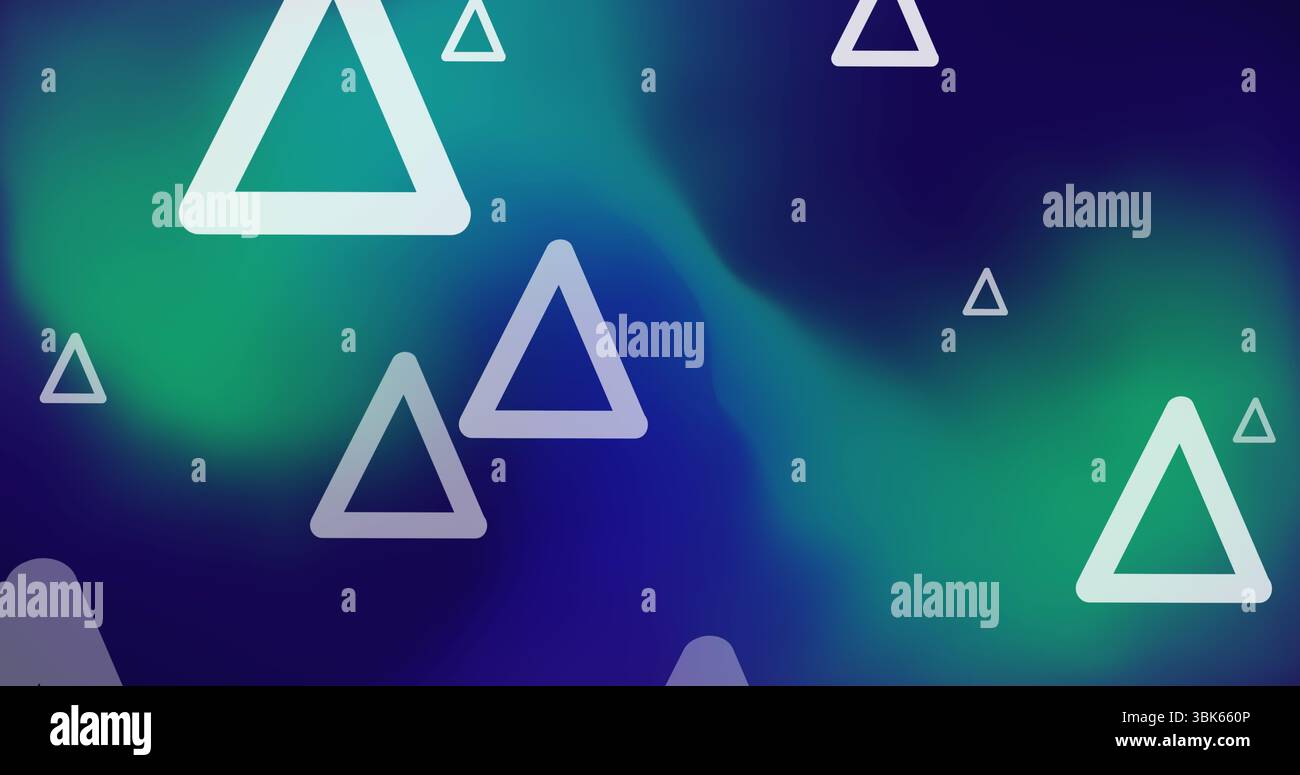 Floating large white hollow triangular outline over green and blue gradient, with small triangles Stock Photo