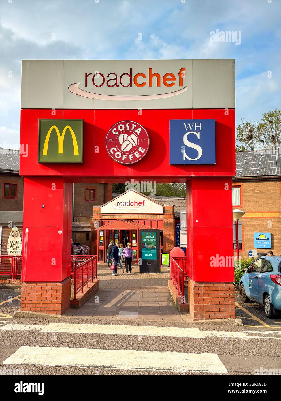 Magor, Newport, Wales, UK - 25 April 2025: Sign at the entrance to the services at the M4 service station at Magor - Smartphone Captured Stock Image