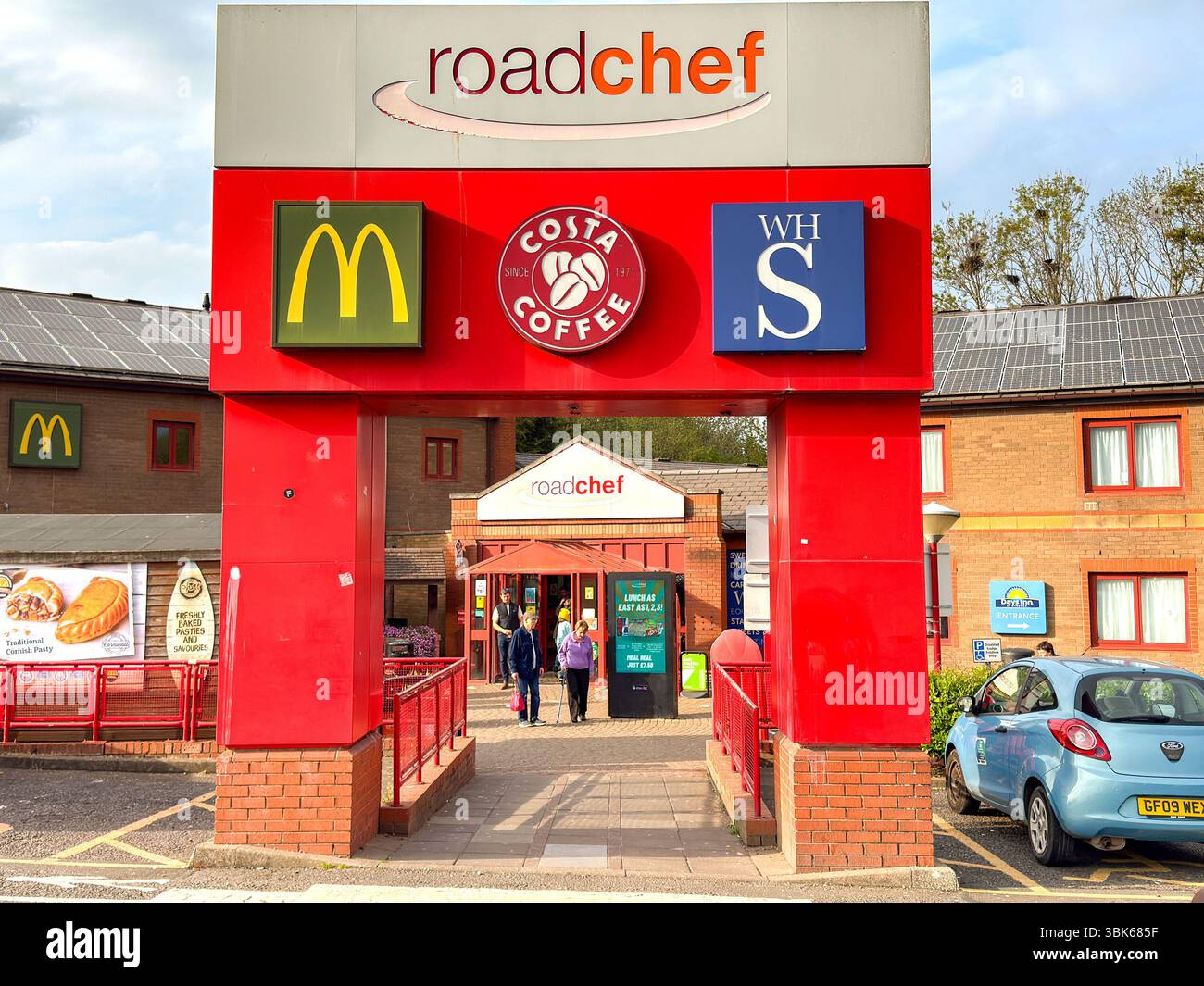 Magor, Newport, Wales, UK - 25 April 2025: Sign at the entrance to the services at the M4 service station at Magor - Smartphone Captured Stock Image