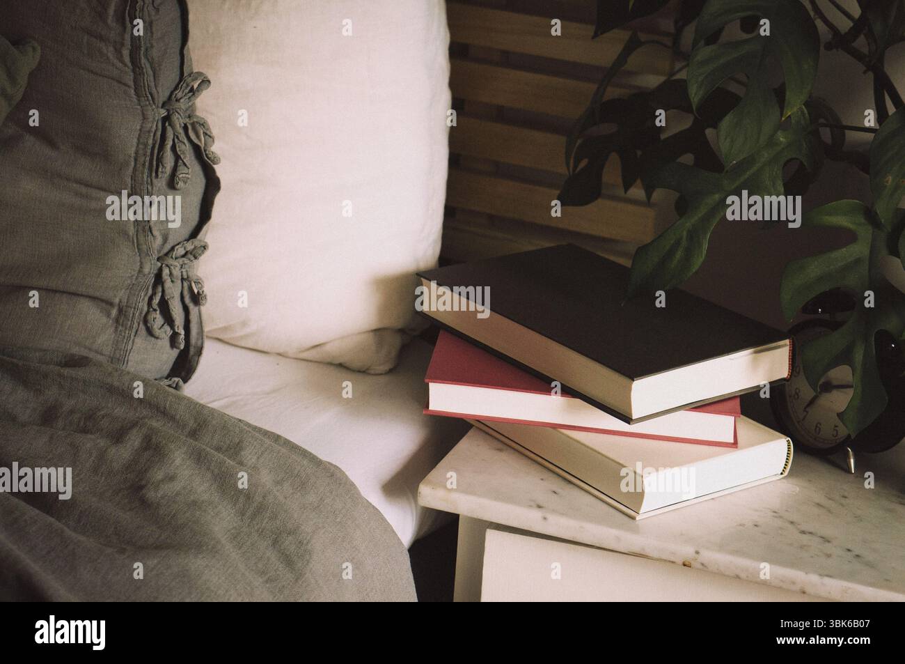 Cozy bedside table with books, plant and pillows Stock Photo