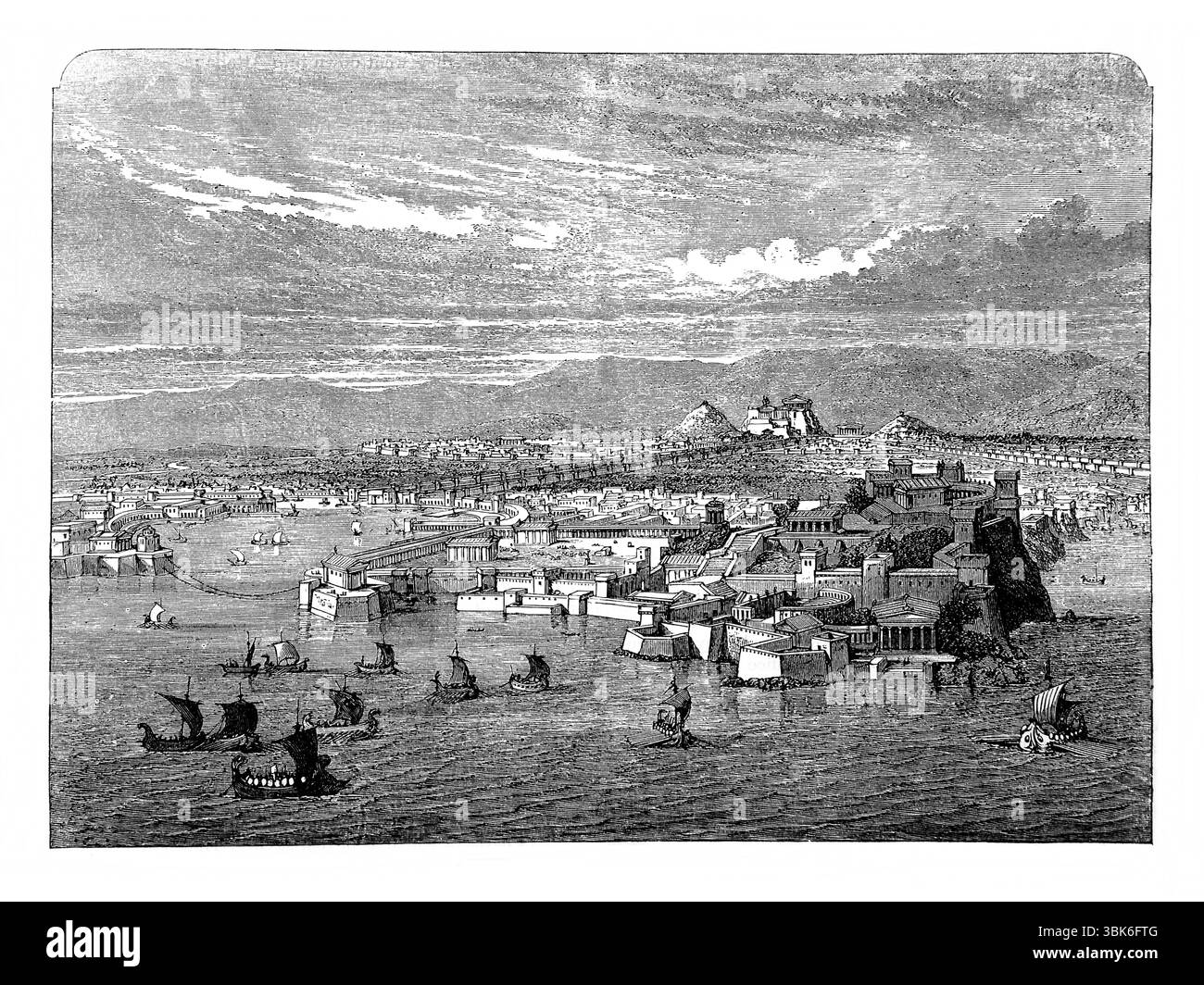 Illustration of Ancient Athens and its ports restored from Antique 19th Century The Holy Bible containing the Old and New Testaments with Explanatory Stock Photo