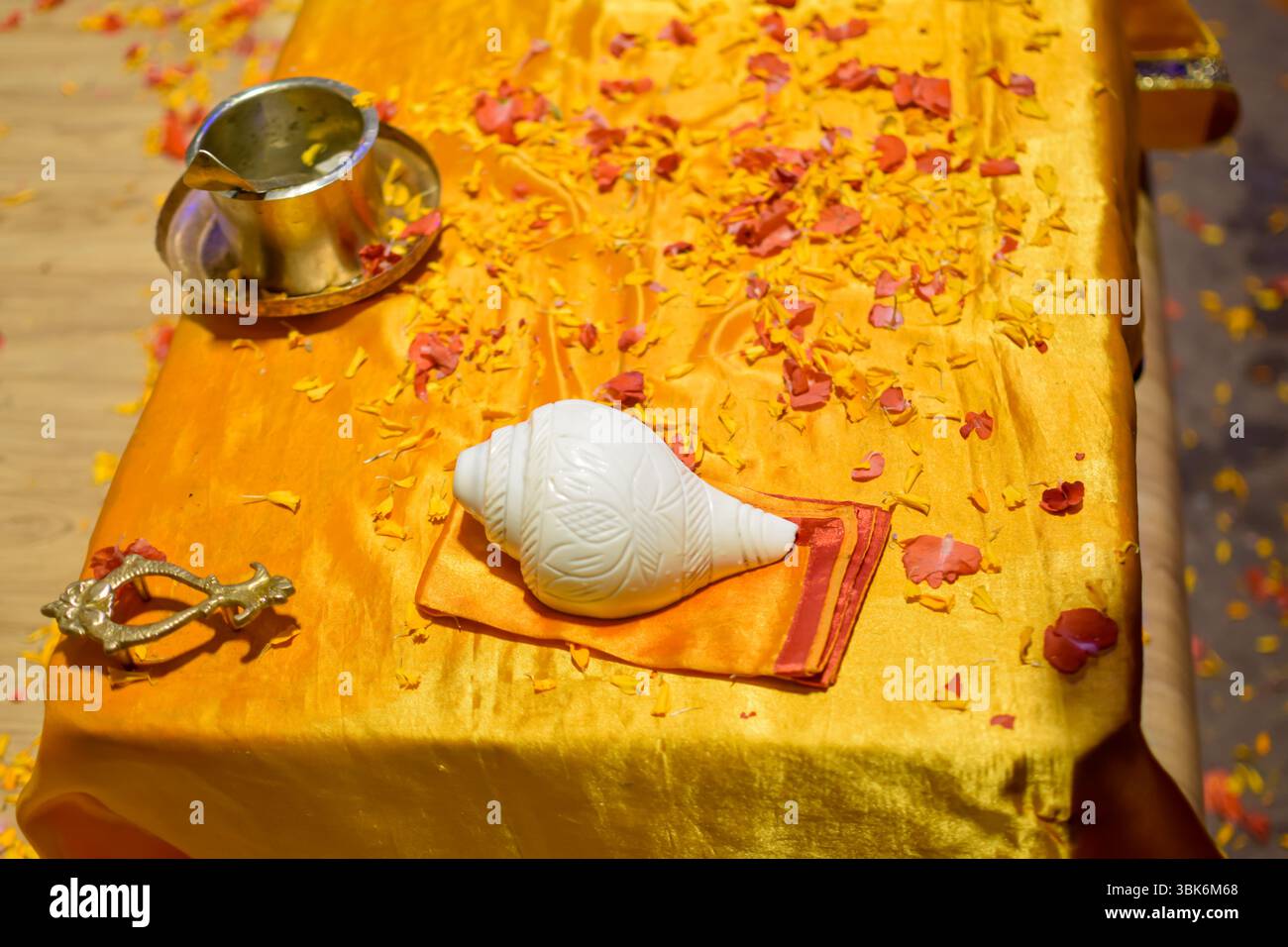 Top view Objects of Aarti ceremony used by Pujaris on Ganges on golden ...