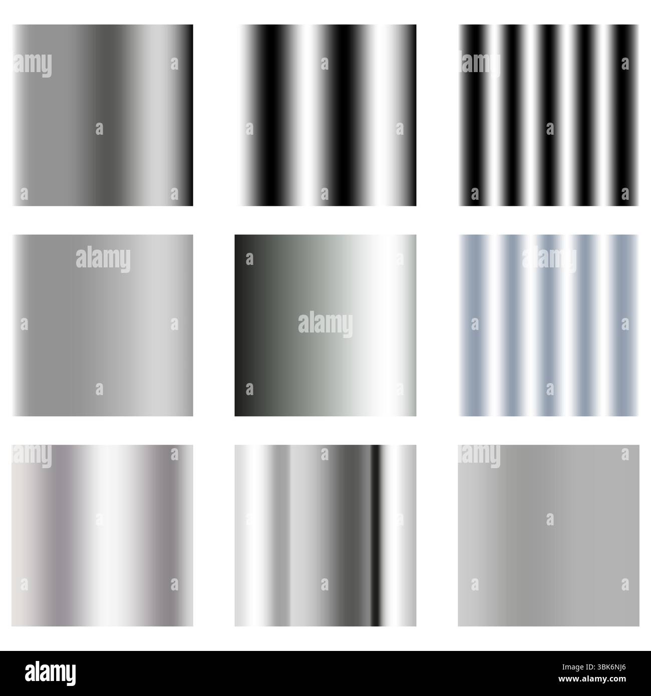 Metallic texture sample. Chrome gradient palette. Shiny steel surface. Vector silver set. Stock Vector