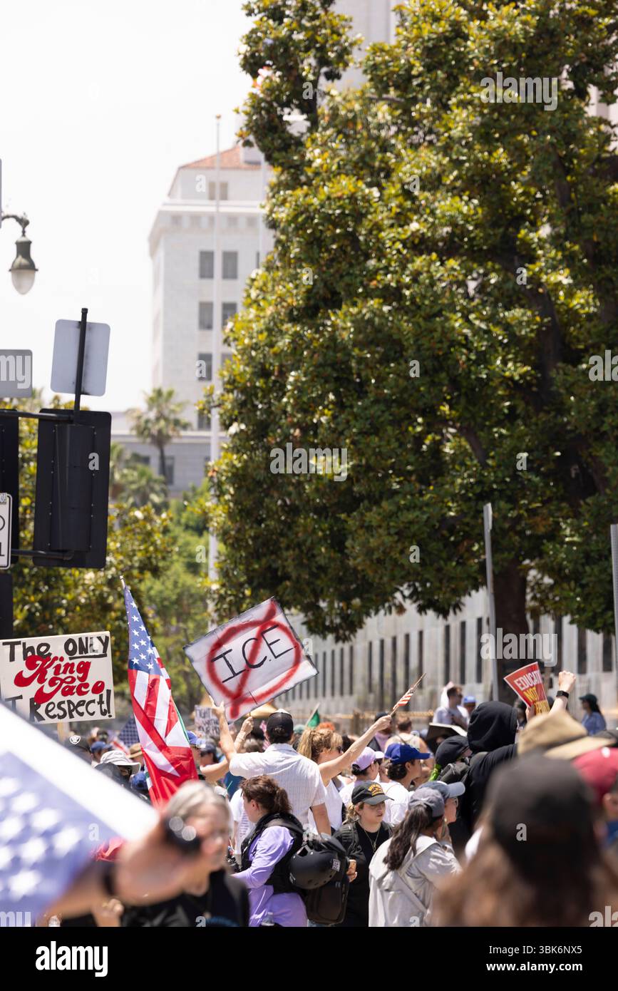 Los Angeles, California, USA - June 14, 2025: People rally to protest ...