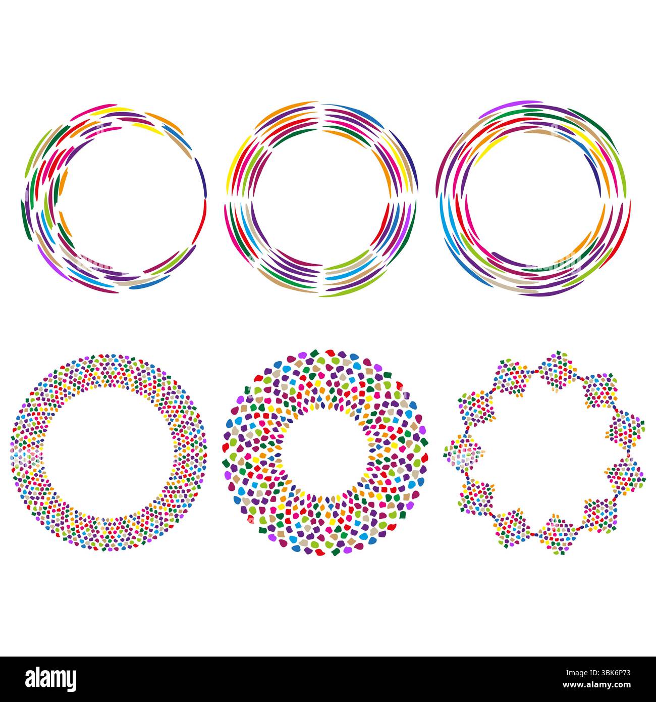 Colorful circle frames. Abstract border elements. Vibrant geometric patterns. Vector decorative set. Stock Vector