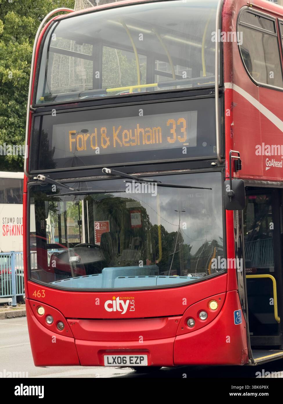 Plymouth Devon England UK. 07.06.2025. Red double decker bus bound for Ford and Keyham at a bus stop in Plymouth city centre. Stock Photo