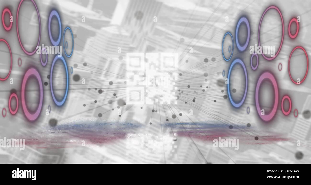 Glowing central square code radiating lines at virtual map background, with colored ring clusters Stock Photo