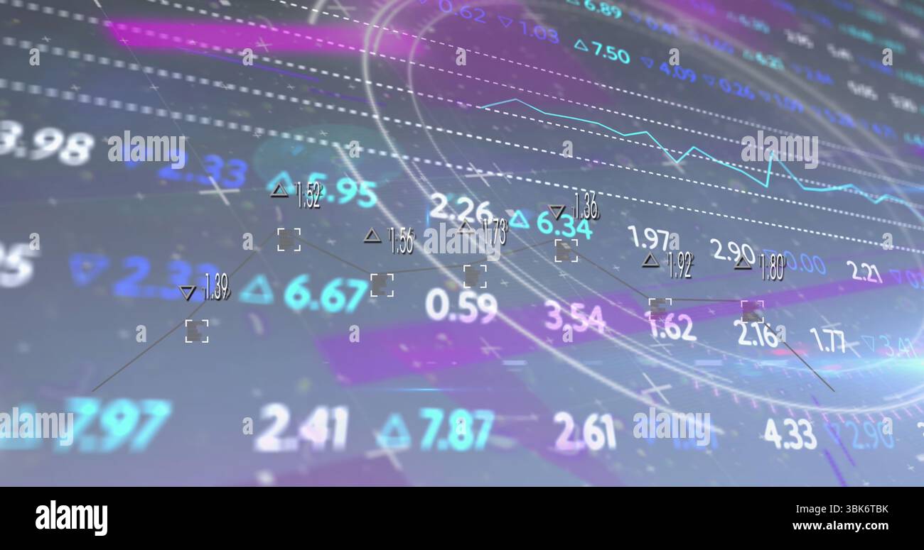 Displaying digital dashboard on screen, with floating numeric readouts and triangle icons Stock Photo