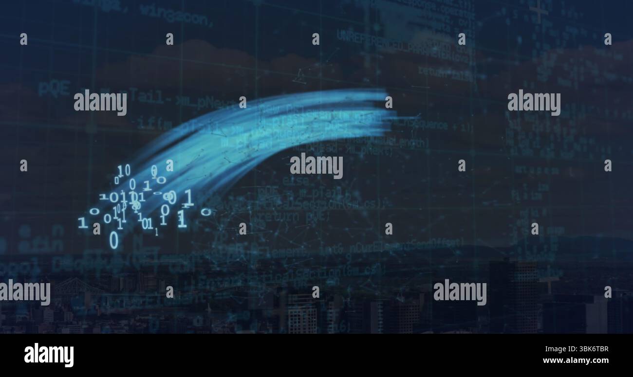 Flowing blue brush-stroke data trail with binary clusters across nighttime city skyline, with code Stock Photo