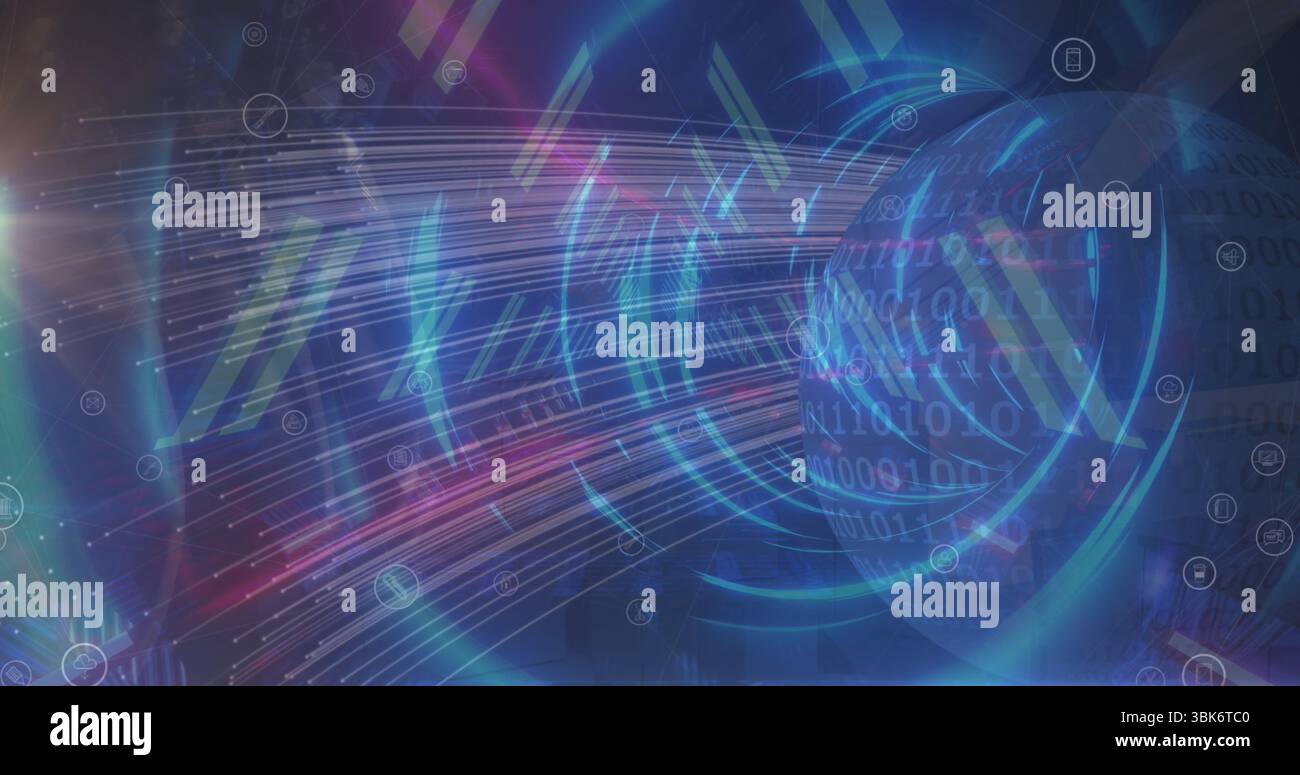 Streaming data streams to glowing sphere in network with binary code, network icons, copy space Stock Photo