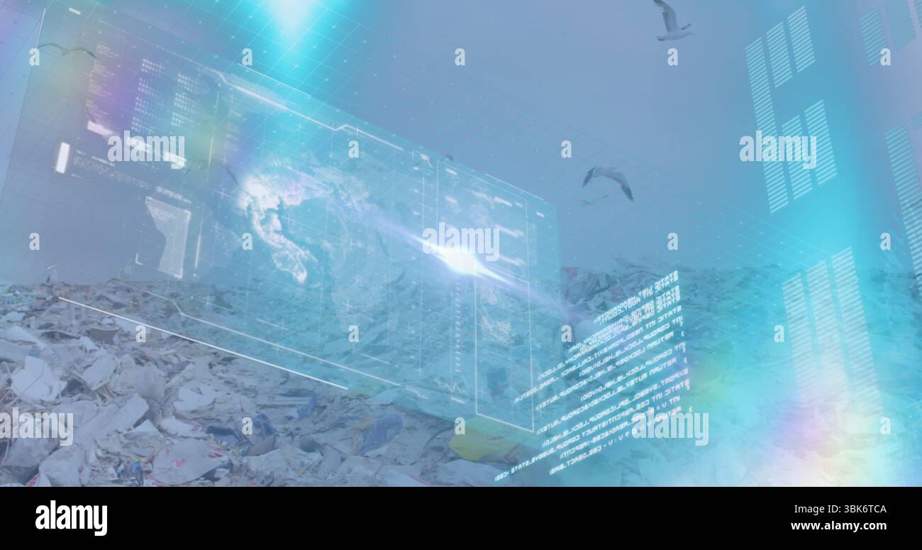 Floating interface displaying code streams over trash-strewn dump site, with 3D globe and seagulls Stock Photo