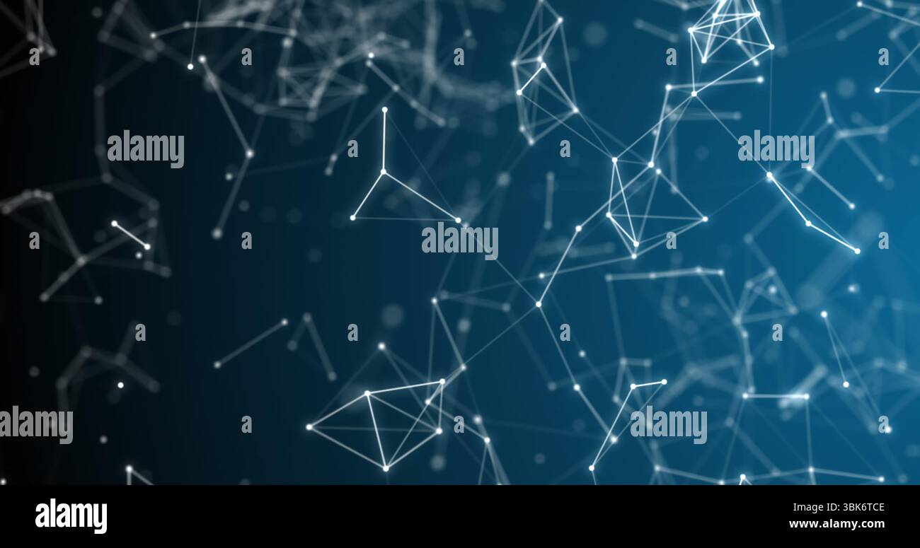 Floating abstract network forming polygonal meshes in data space, with glowing nodes and lines Stock Photo