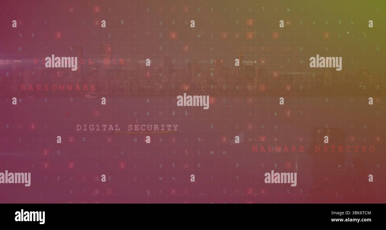 Displaying DIGITAL SECURITY text occupying center on screen, with code grid, malware warnings Stock Photo