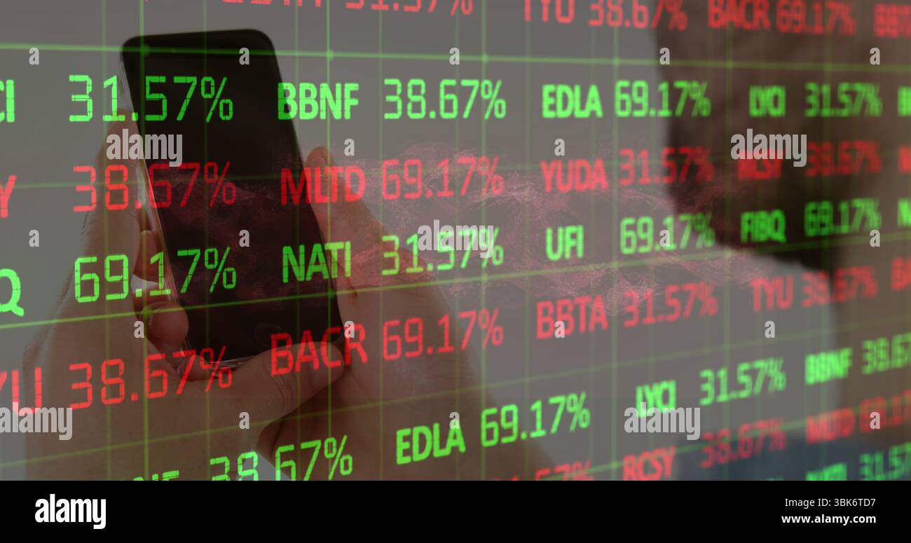 Holding smartphone with left hand in office, displaying stock data on transparent panel, copy space Stock Photo
