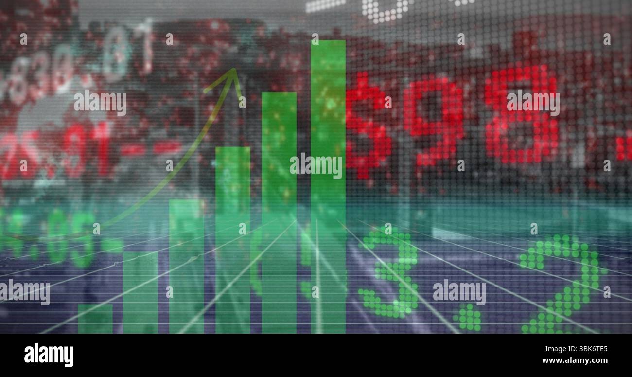 Displaying green bar chart rising with arrow over trading screen ...