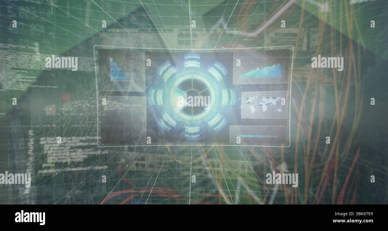 Displaying holographic interface floating over grid plane, with glowing blue hub and data panels Stock Photo
