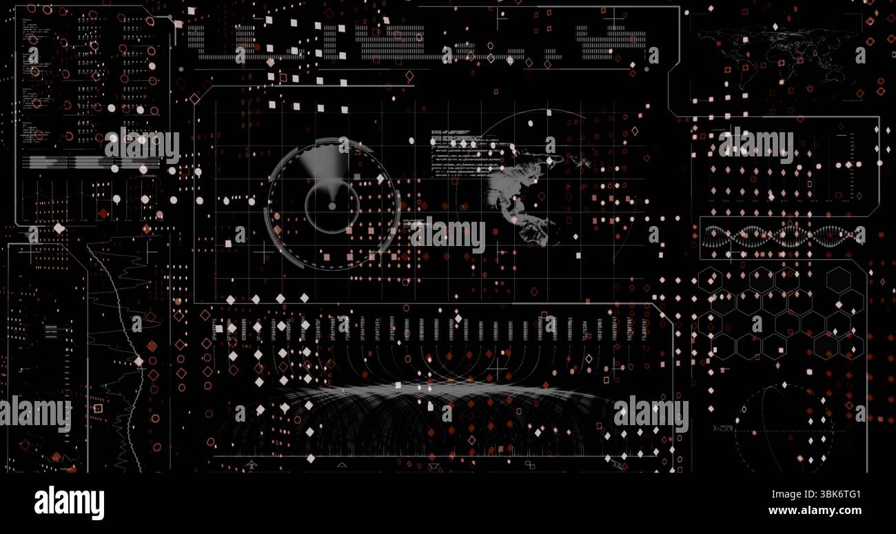 Displaying central circular radar chart rotating on digital dashboard, with world map overlay Stock Photo